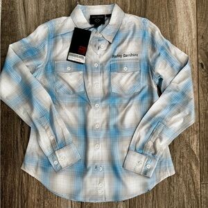 Harley-Davidson Women’s White and Blue Plaid Shirt NWT